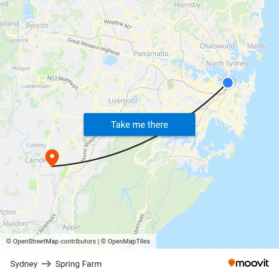 Sydney to Spring Farm map