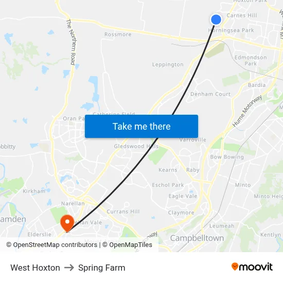 West Hoxton to Spring Farm map
