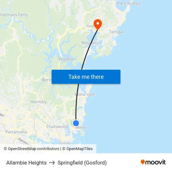 Allambie Heights to Springfield (Gosford) map