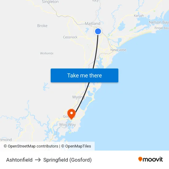 Ashtonfield to Springfield (Gosford) map