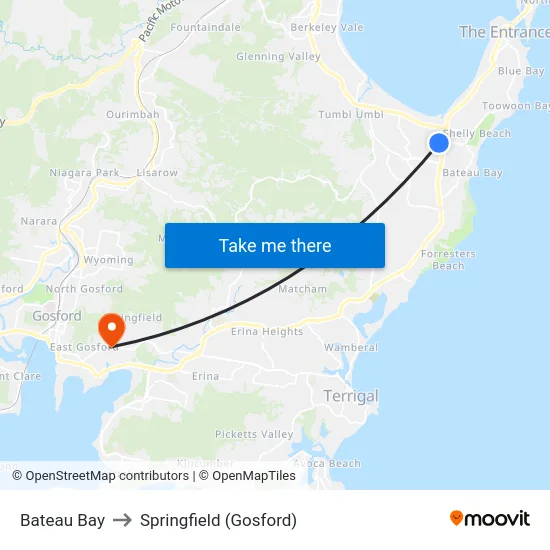 Bateau Bay to Springfield (Gosford) map