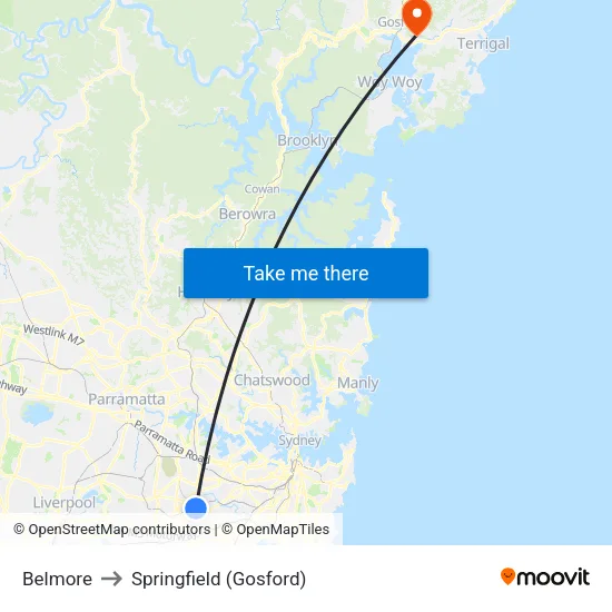 Belmore to Springfield (Gosford) map