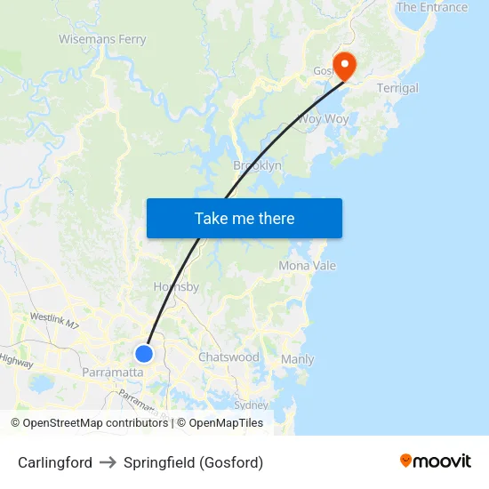 Carlingford to Springfield (Gosford) map
