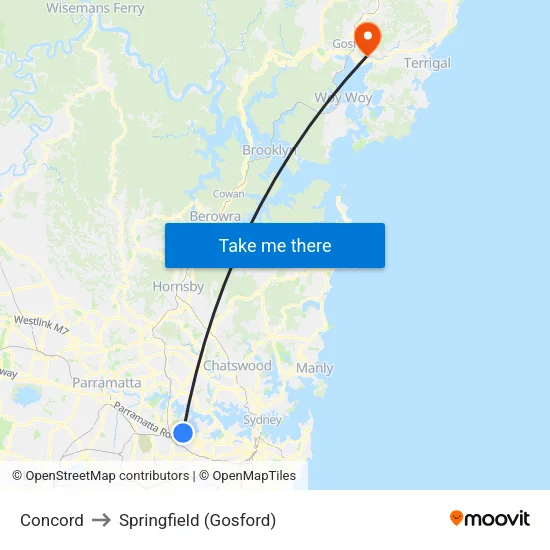 Concord to Springfield (Gosford) map