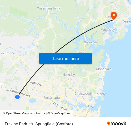 Erskine Park to Springfield (Gosford) map