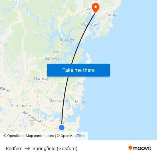Redfern to Springfield (Gosford) map
