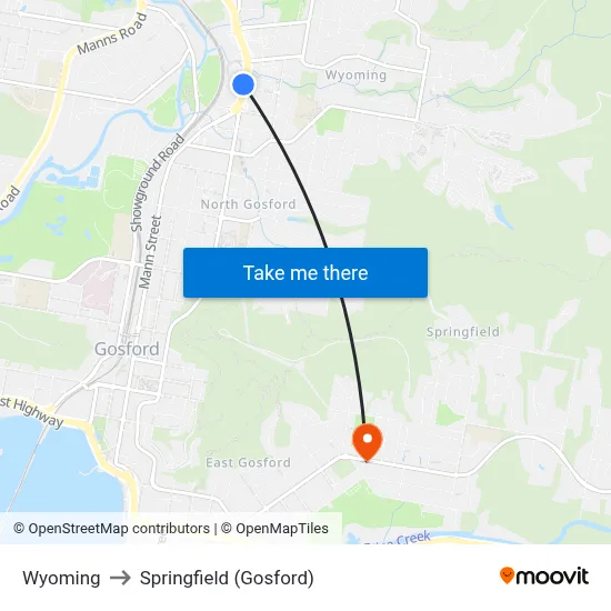 Wyoming to Springfield (Gosford) map