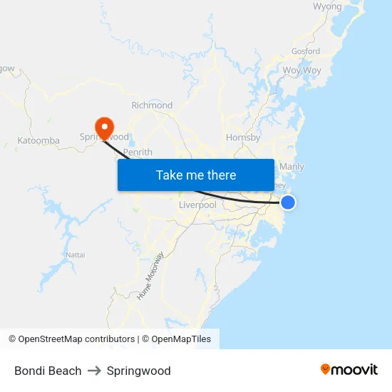 Bondi Beach to Springwood map