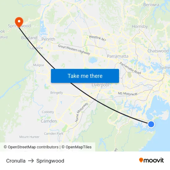 Cronulla to Springwood map