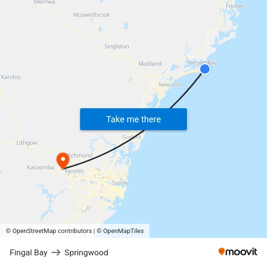 Fingal Bay to Springwood map