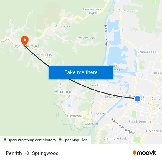 Penrith to Springwood map