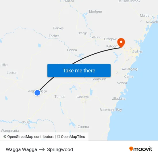 Wagga Wagga to Springwood map