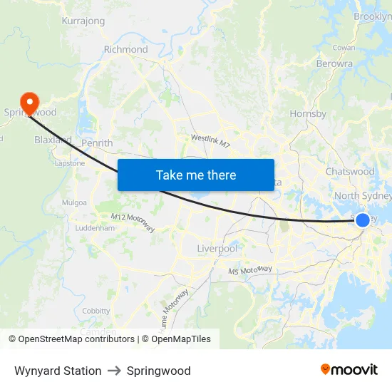 Wynyard Station to Springwood map