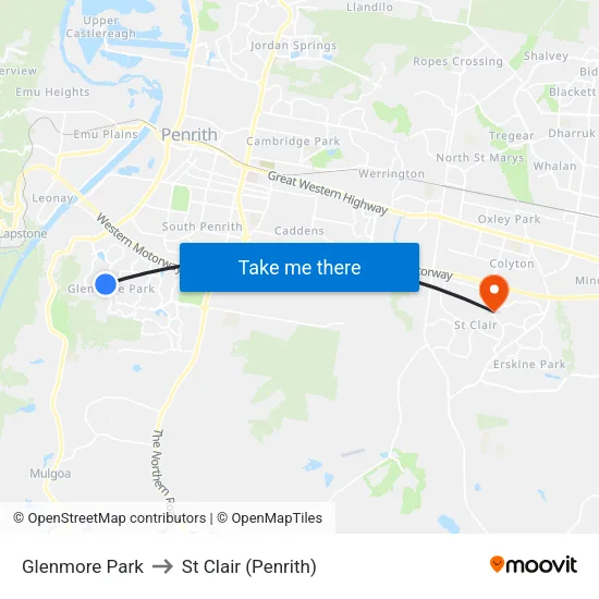 Glenmore Park to St Clair (Penrith) map