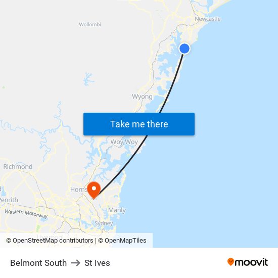 Belmont South to St Ives map