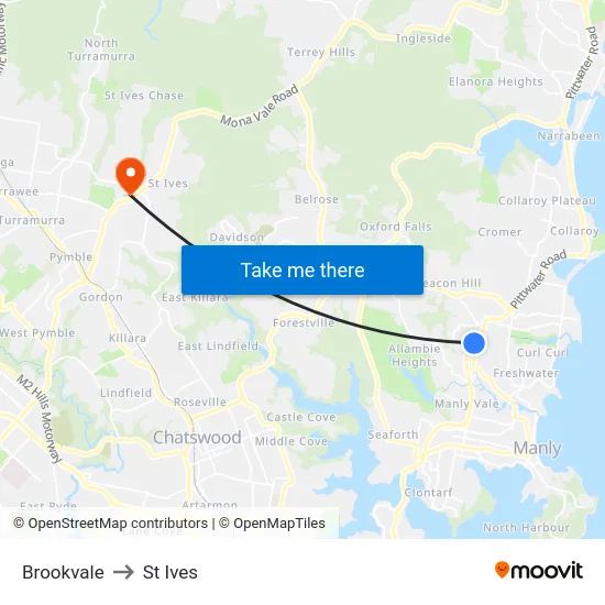 Brookvale to St Ives map