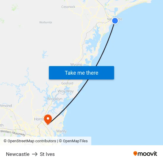 Newcastle to St Ives map