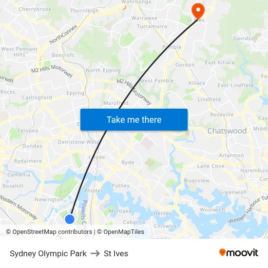 Sydney Olympic Park to St Ives map