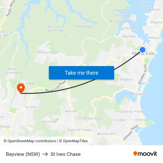 Bayview (NSW) to St Ives Chase map