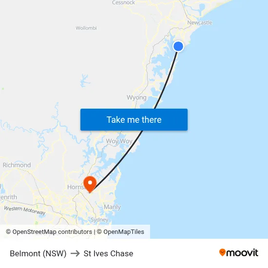 Belmont (NSW) to St Ives Chase map