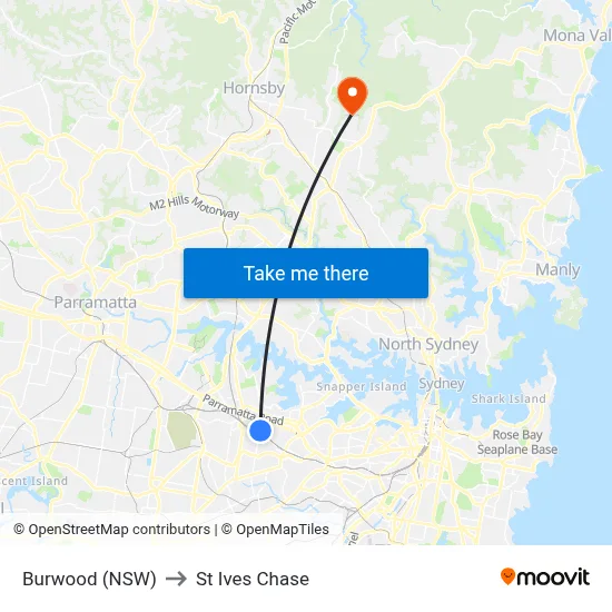 Burwood (NSW) to St Ives Chase map