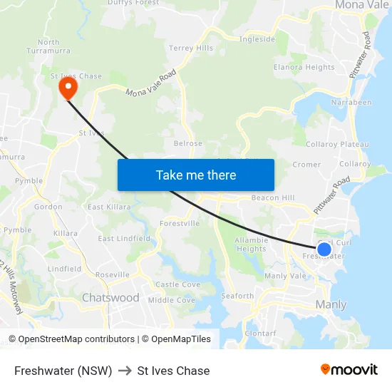 Freshwater (NSW) to St Ives Chase map