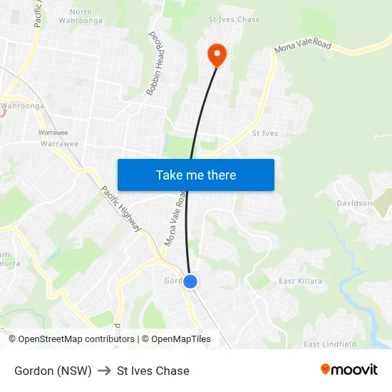 Gordon (NSW) to St Ives Chase map