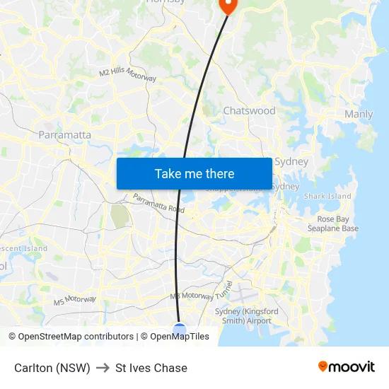 Carlton (NSW) to St Ives Chase map