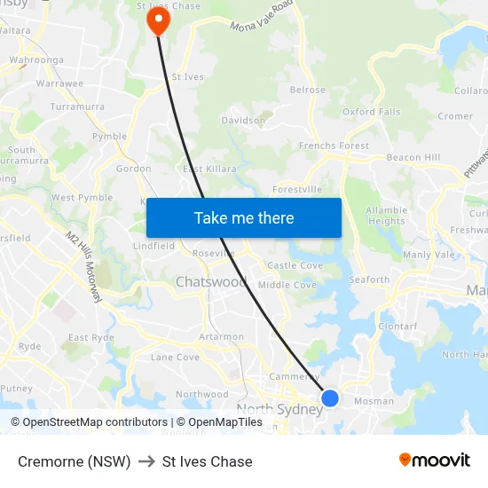 Cremorne (NSW) to St Ives Chase map