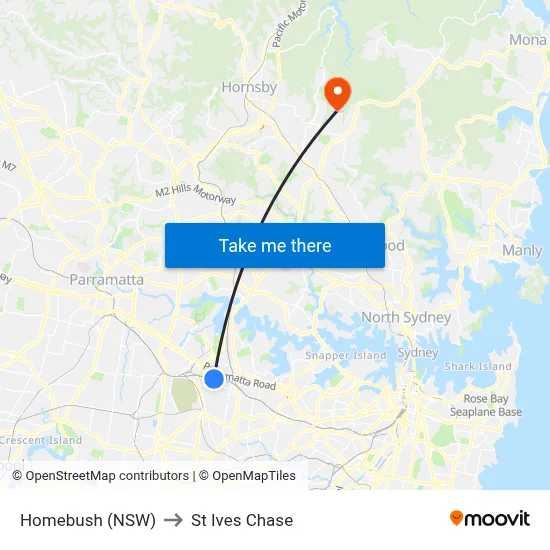 Homebush (NSW) to St Ives Chase map