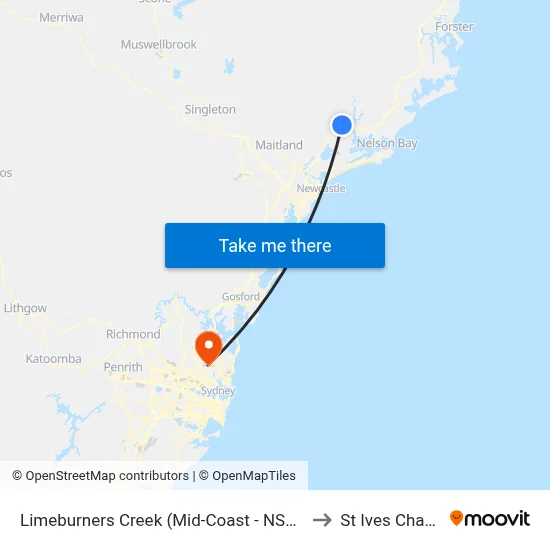 Limeburners Creek (Mid-Coast - NSW) to St Ives Chase map