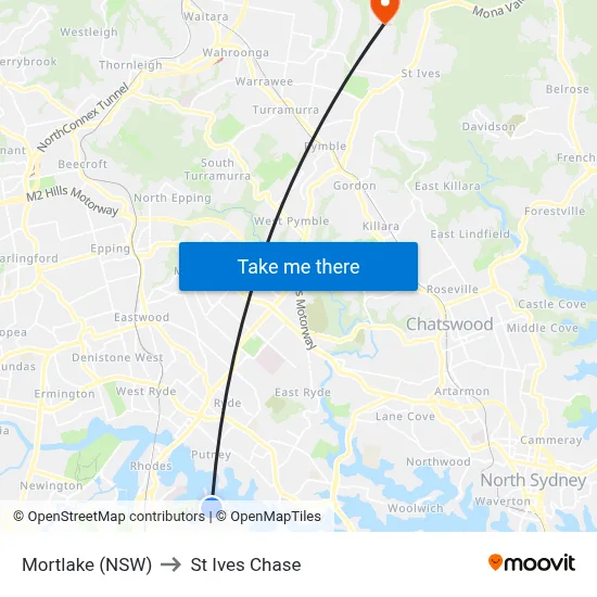 Mortlake (NSW) to St Ives Chase map
