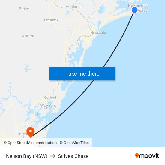 Nelson Bay (NSW) to St Ives Chase map