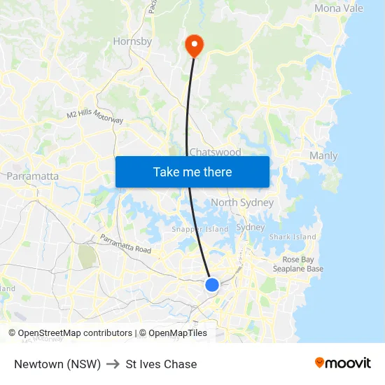 Newtown (NSW) to St Ives Chase map