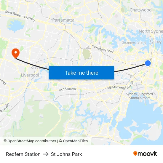 Redfern Station to St Johns Park map