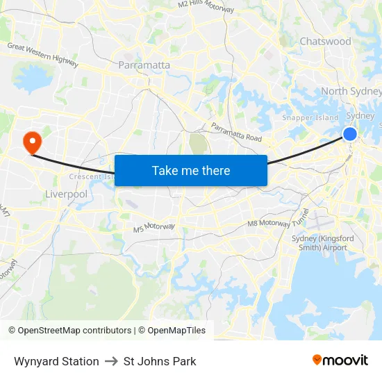 Wynyard Station to St Johns Park map