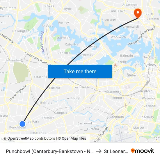 Punchbowl (Canterbury-Bankstown - NSW) to St Leonards map