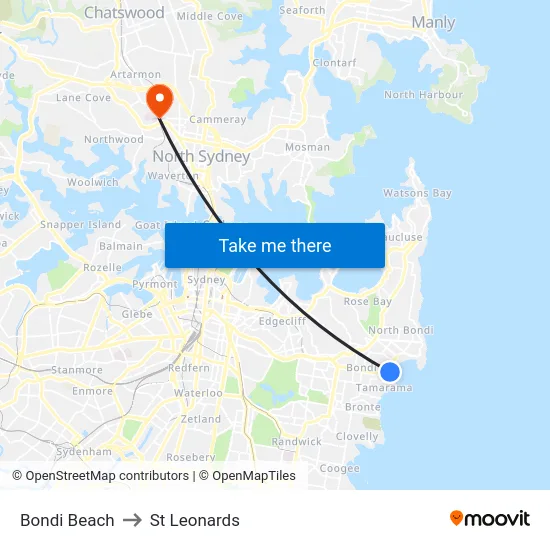Bondi Beach to St Leonards map