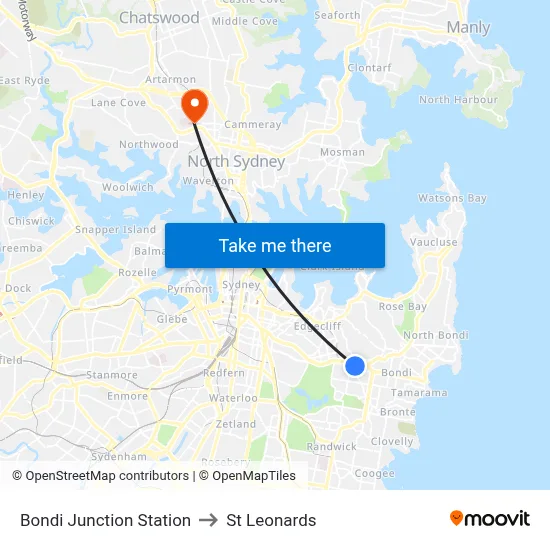 Bondi Junction Station to St Leonards map