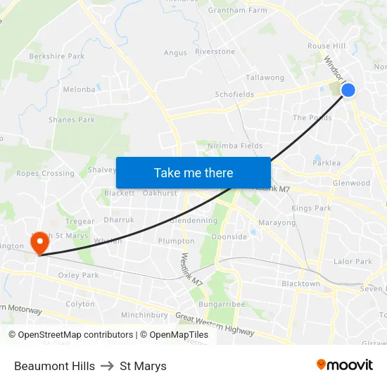 Beaumont Hills to St Marys map