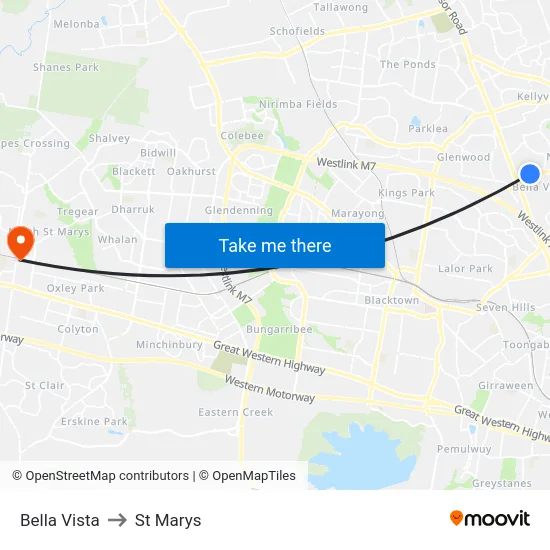 Bella Vista to St Marys map
