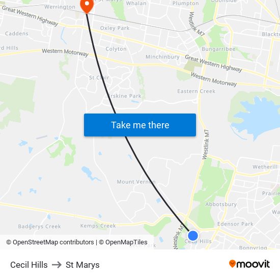 Cecil Hills to St Marys map