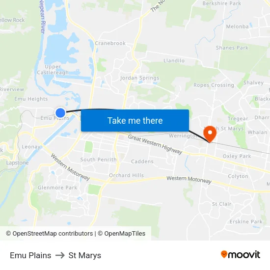 Emu Plains to St Marys map