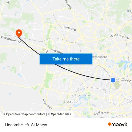 Lidcombe to St Marys map