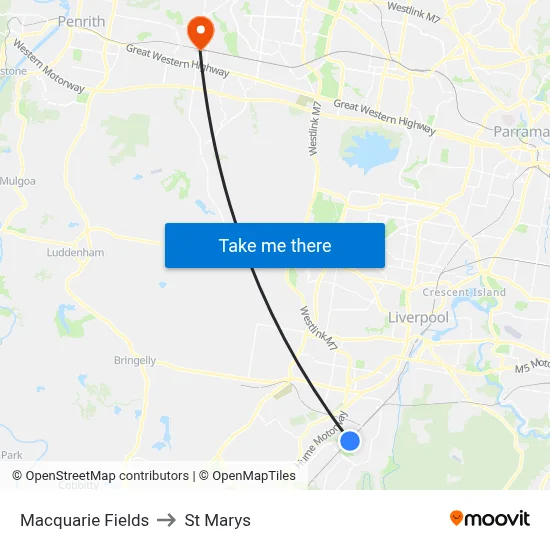 Macquarie Fields to St Marys map