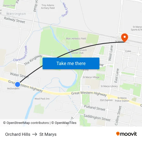 Orchard Hills to St Marys map