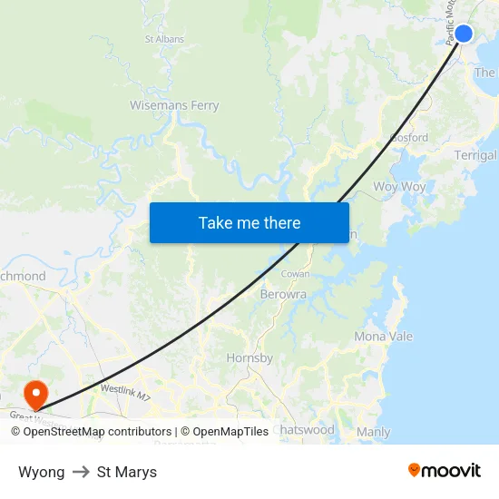 Wyong to St Marys map