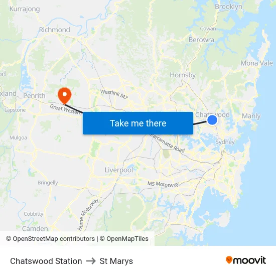 Chatswood Station to St Marys map
