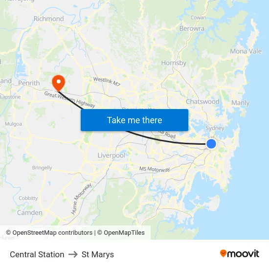 Central Station to St Marys map