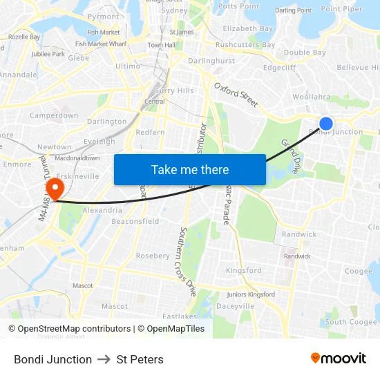Bondi Junction to St Peters map